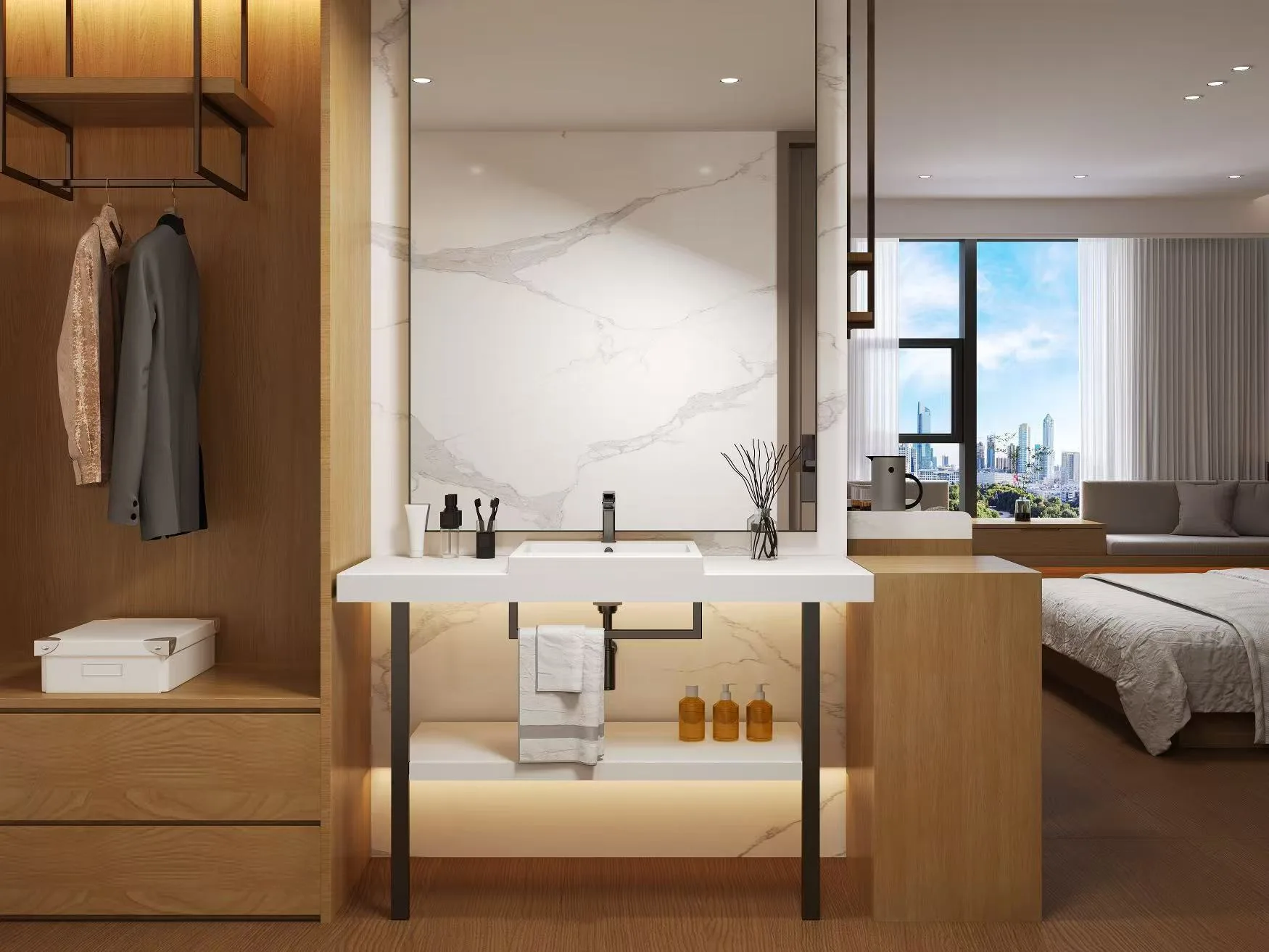 Architectural view of a commercial solid surface sink featuring an integrated raised basin in a high-end hospitality environment.