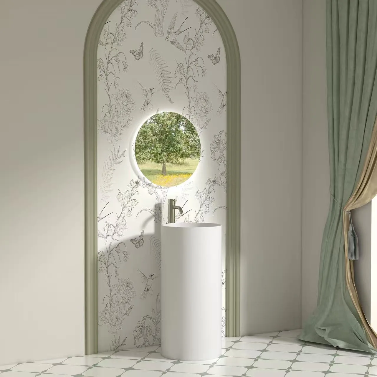 HONDAO solid surface pedestal sink installed in a boutique hotel powder room with botanical wallpaper.