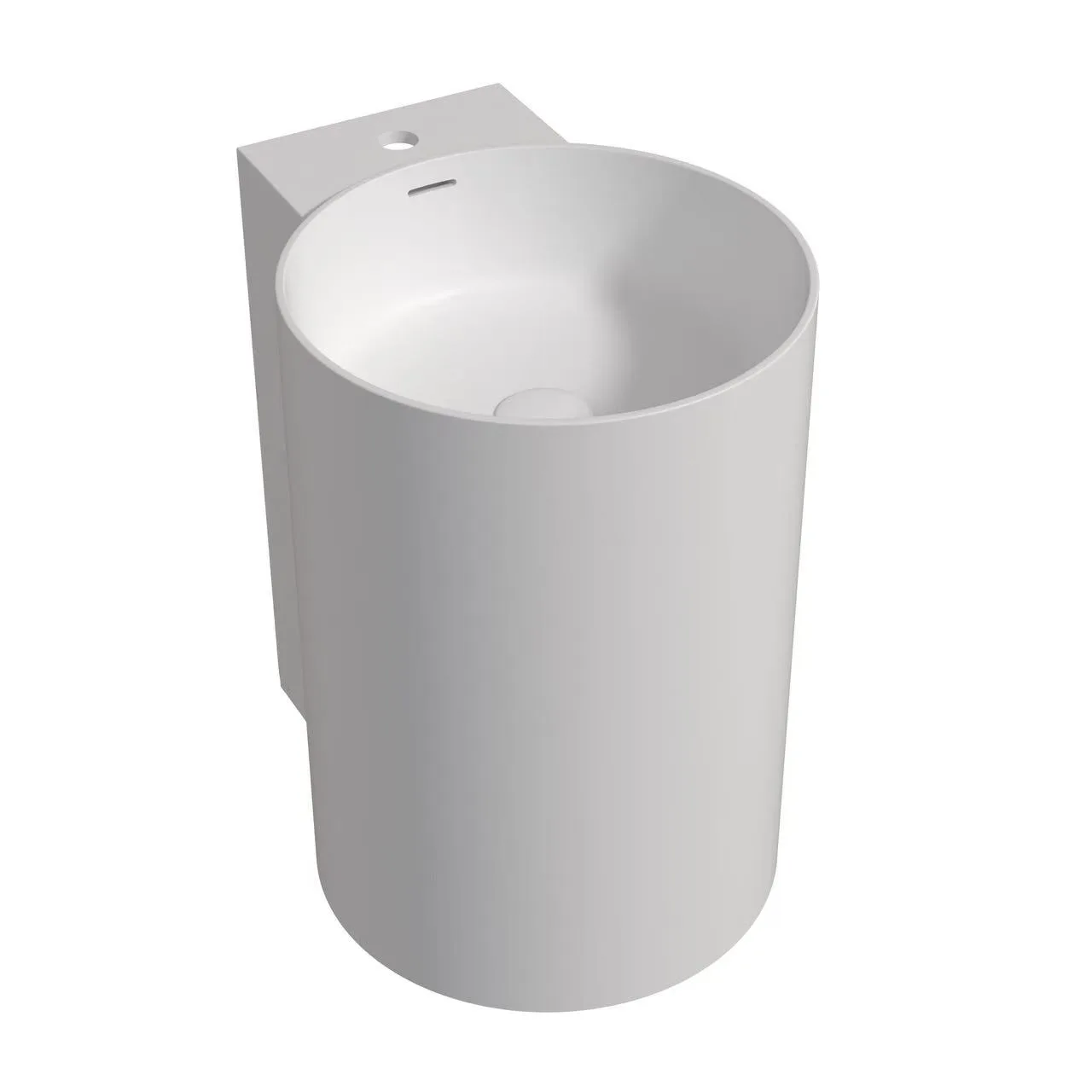 High-angle perspective of a homogenous wall hung solid surface sink showcasing the integrated commercial faucet installation.