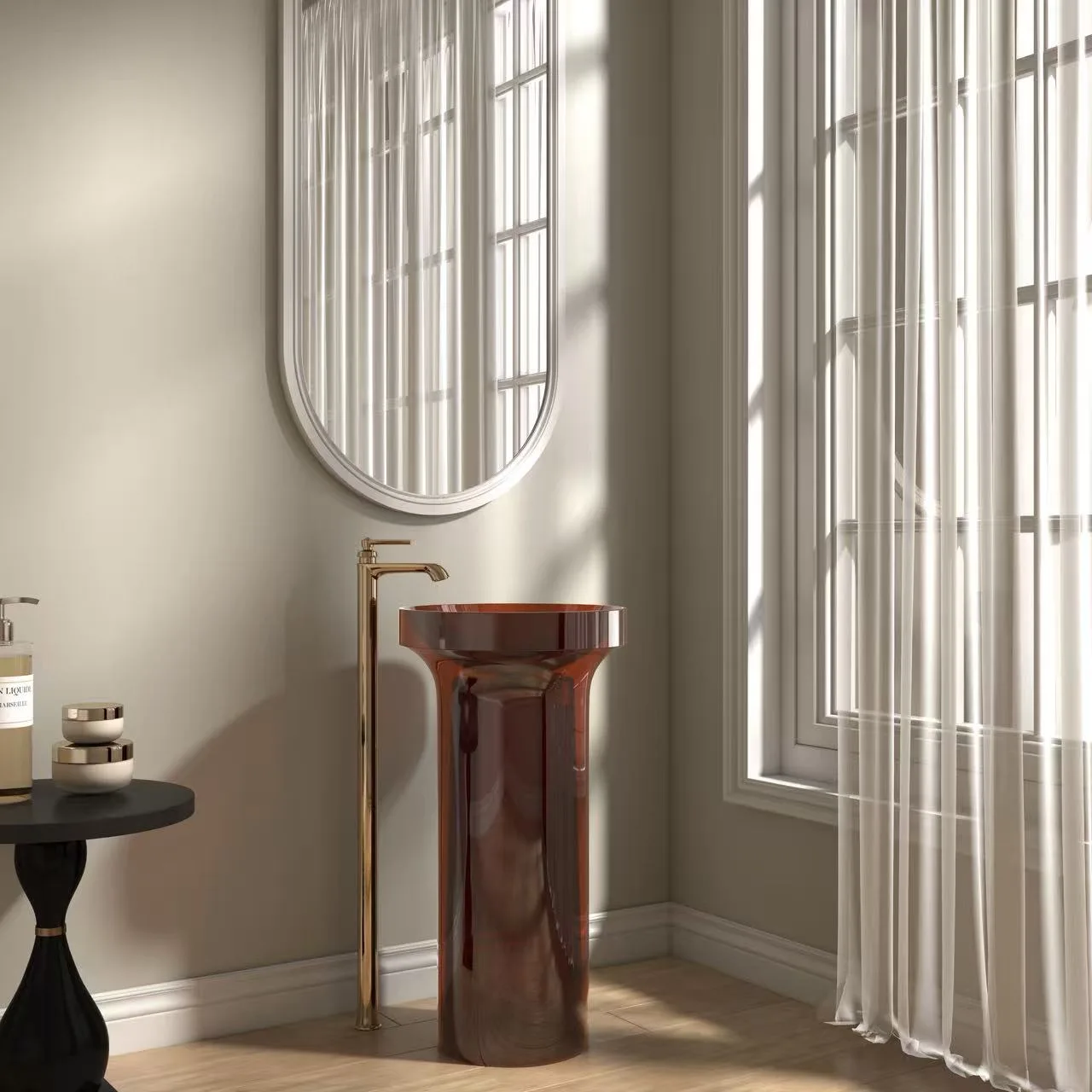 Isometric view of a commercial-grade translucent resin pedestal sink engineered for high impact resistance and light refraction.