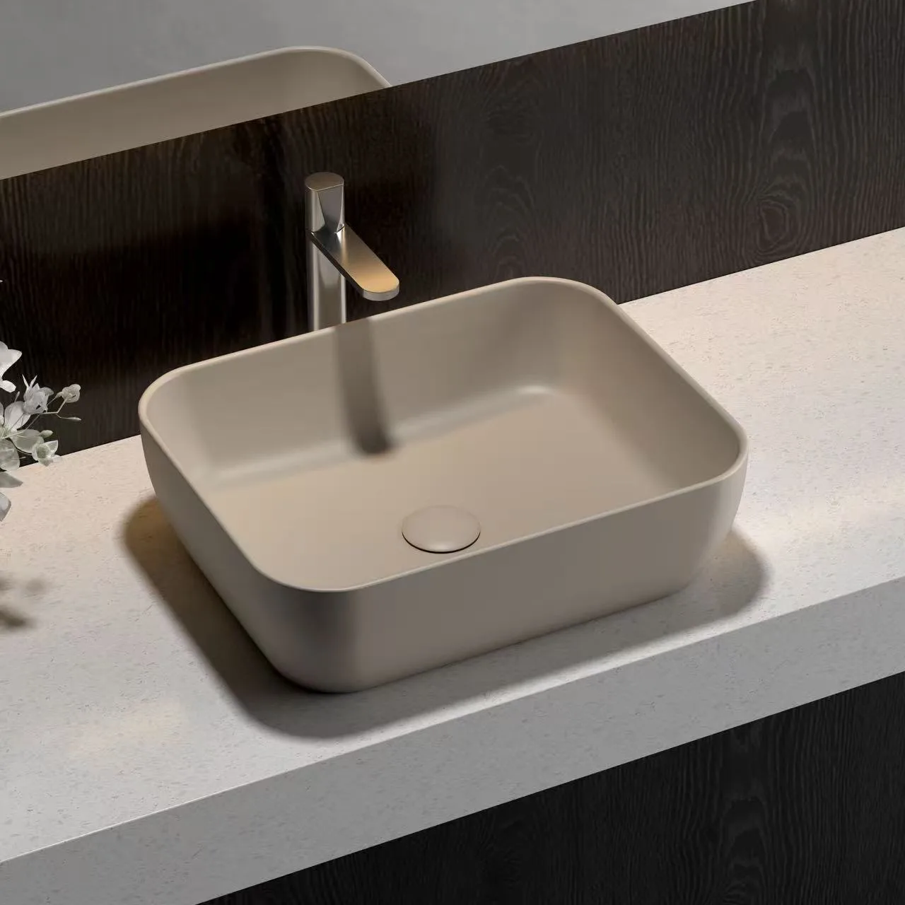 Matte sand colored Rectangular Vessel Solid Surface Sink installed on a commercial countertop for a minimalist luxury visual.
