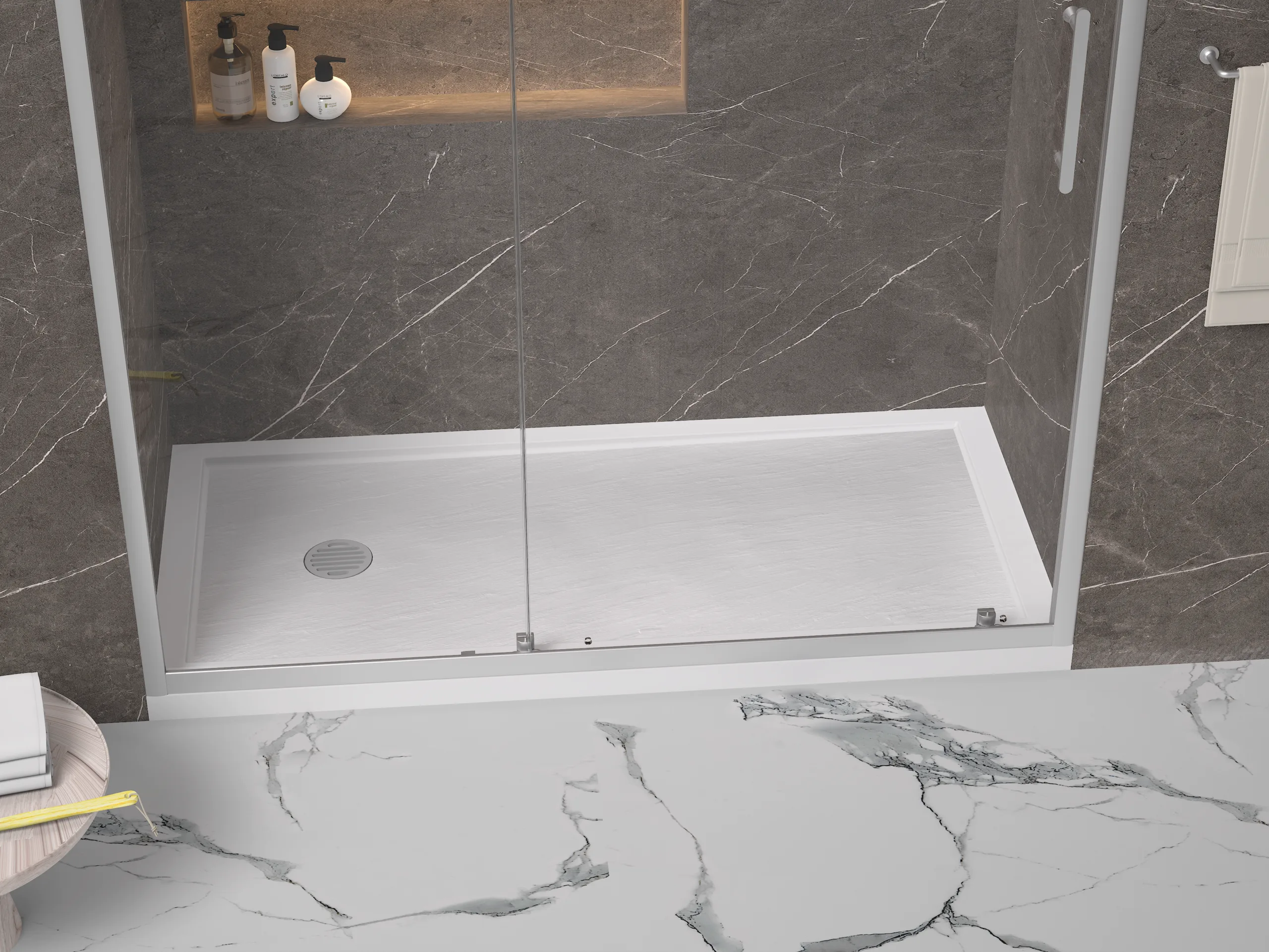 cUPC certified monolithic Solid Surface Shower Pans installed in a luxury boutique hotel, featuring a seamless, zero-grout design.