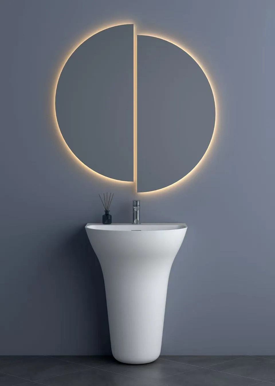 Space-saving flat-back freestanding solid surface sink installed flush against a wall in a luxury boutique hotel half-bath.