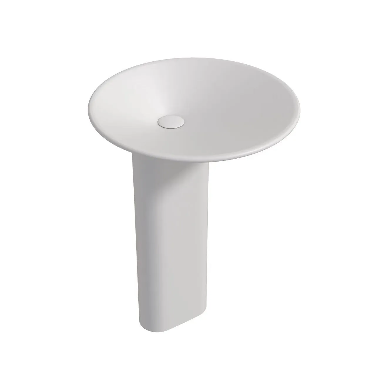 Architectural front view of a pedestal solid surface sink paired with a wall-mounted faucet for a clean commercial restroom aesthetic.