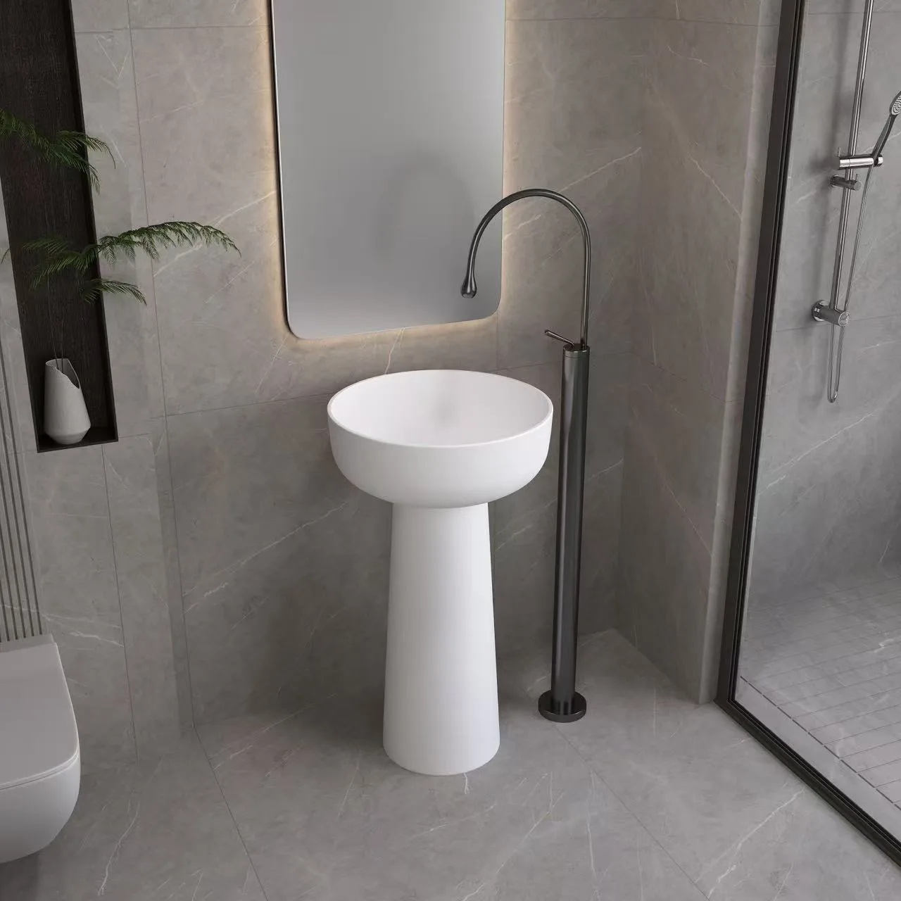 Matte white round freestanding solid surface sink paired with a luxury ceiling-drop faucet in a premium spa setting.