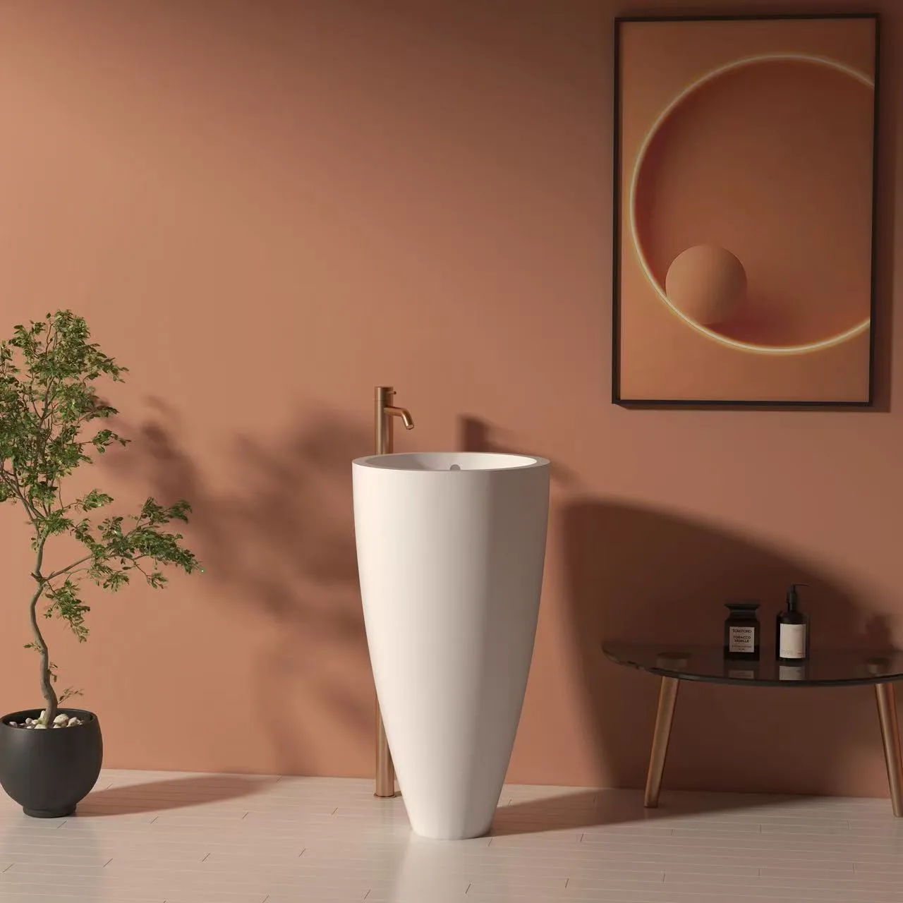 Elegant tapered freestanding solid surface sink paired with a brushed brass floor-mounted faucet in a warm, luxury boutique hotel setting.