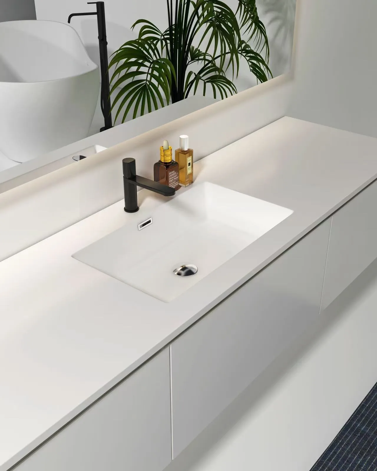 Premium Seamless Solid Surface Integrated Offset Sink with extended counter space