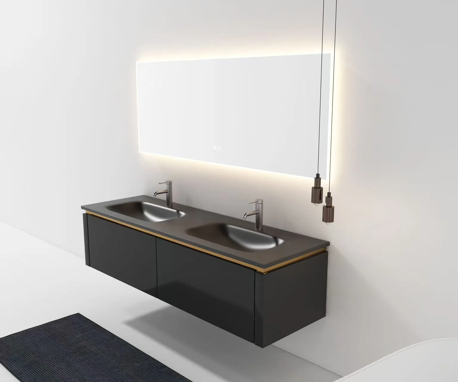 Top-down architectural view of a dark grey integrated double sink vanity top with precise drain hole placements.