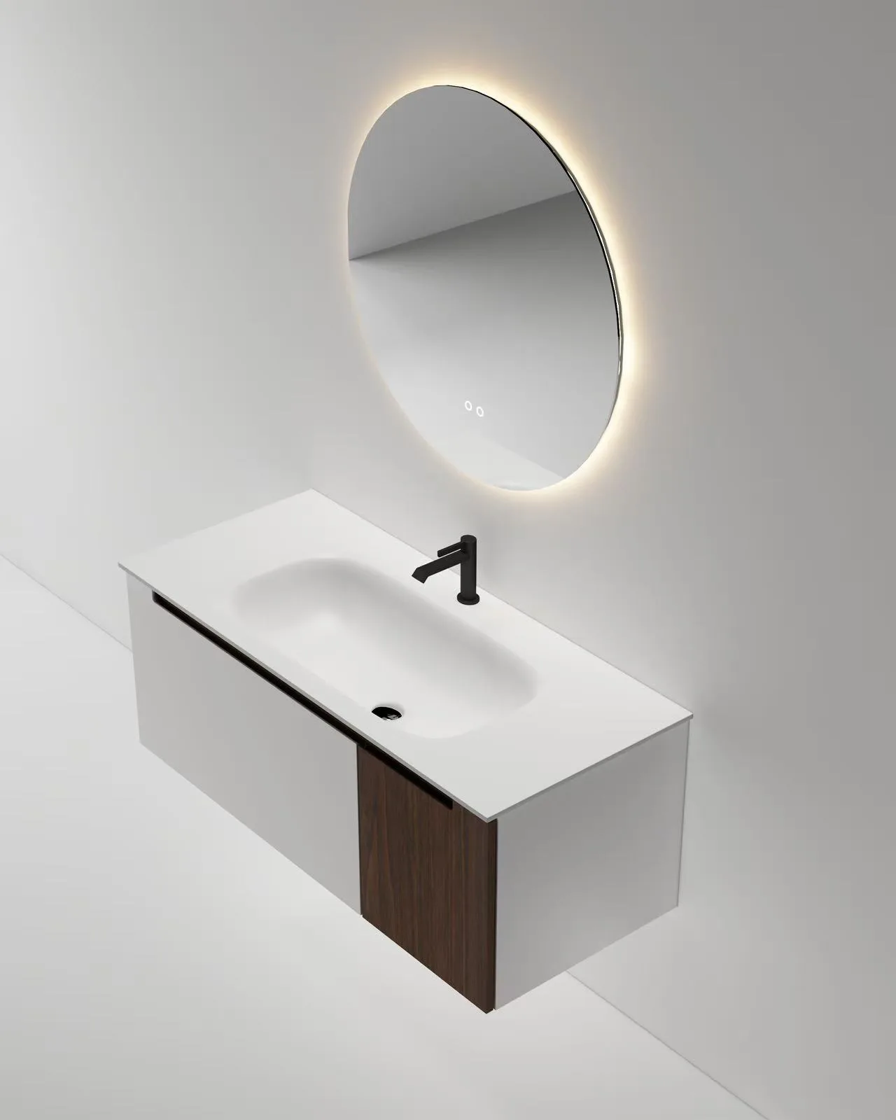 Seamless white homogenous solid surface vanity top providing extensive counter space in a high-traffic commercial hotel restroom.