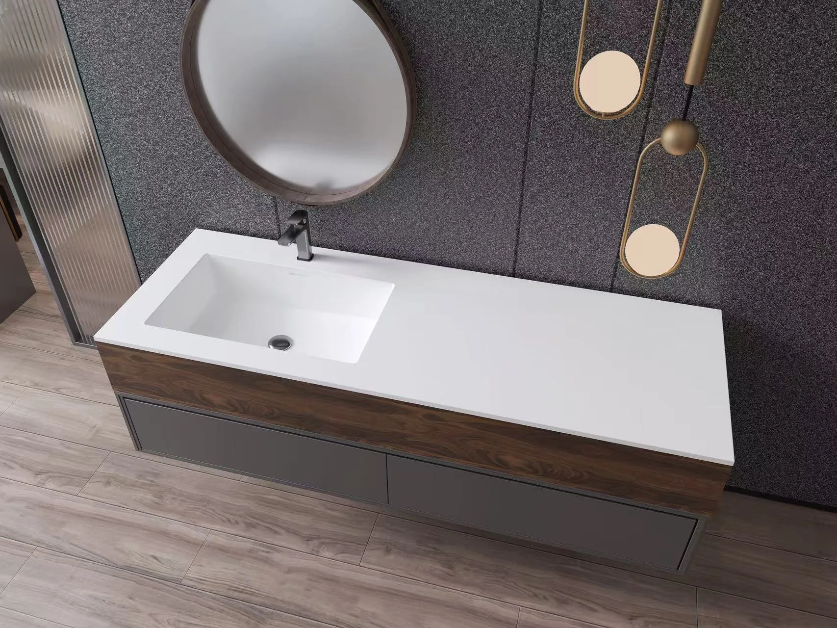 Asymmetrical L/R solid surface vanity sink mounted on a long wood veneer cabinet, providing extended counter space.