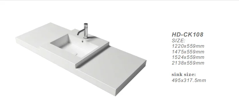 Specification rendering of the HD-CK108 commercial solid surface sink showing the stepped basin profile and lengths up to 2138mm.