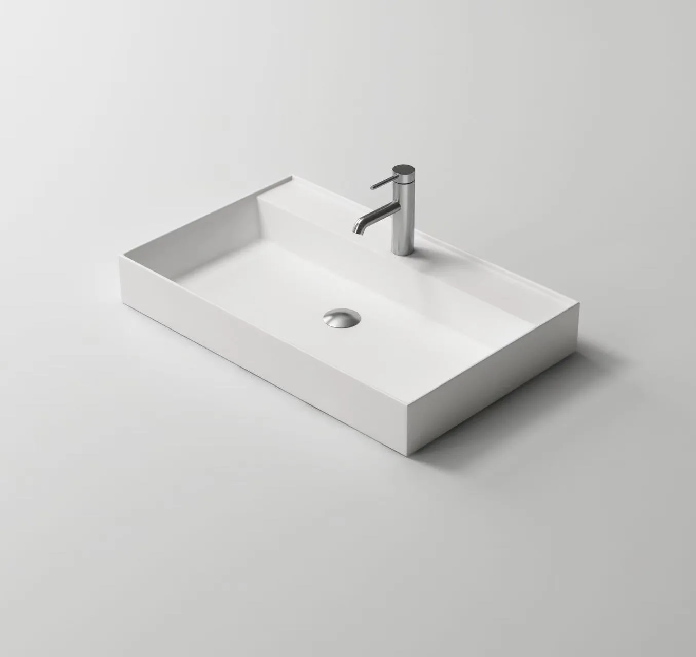 Isometric view of an architectural solid surface vanity basin engineered for luxury hospitality OEM customization.
