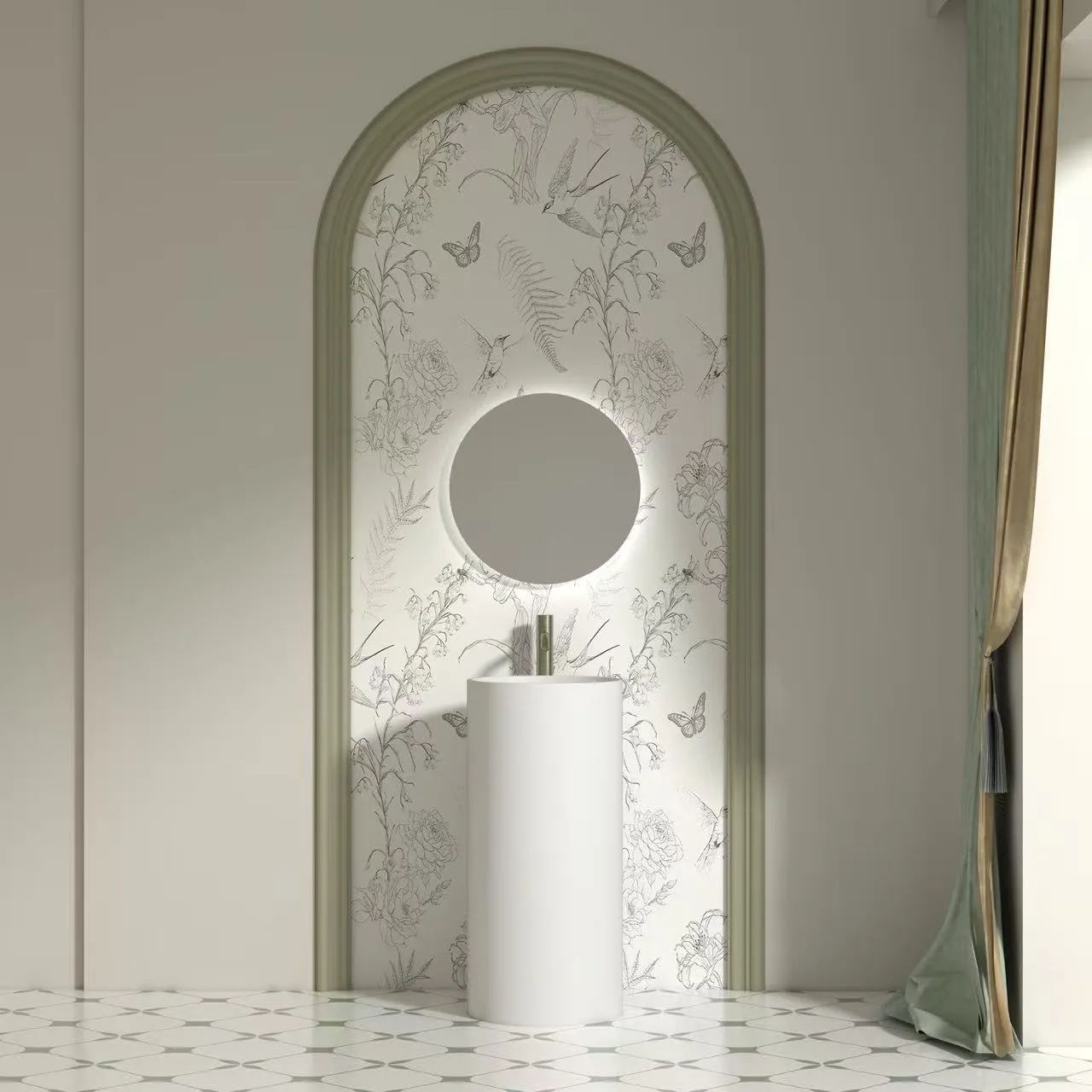 Minimalist cylindrical solid surface pedestal sink acting as a standalone architectural fixture in a commercial restroom.