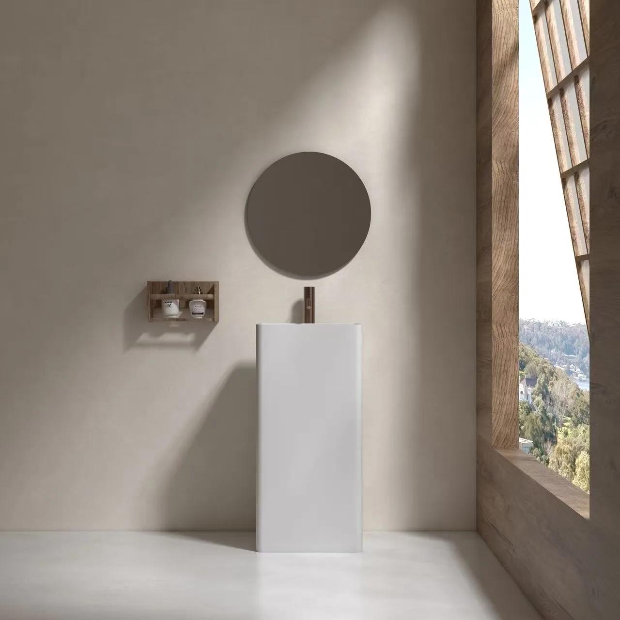 Matte white square pedestal sink acting as a standalone geometric fixture in a modern commercial powder room.