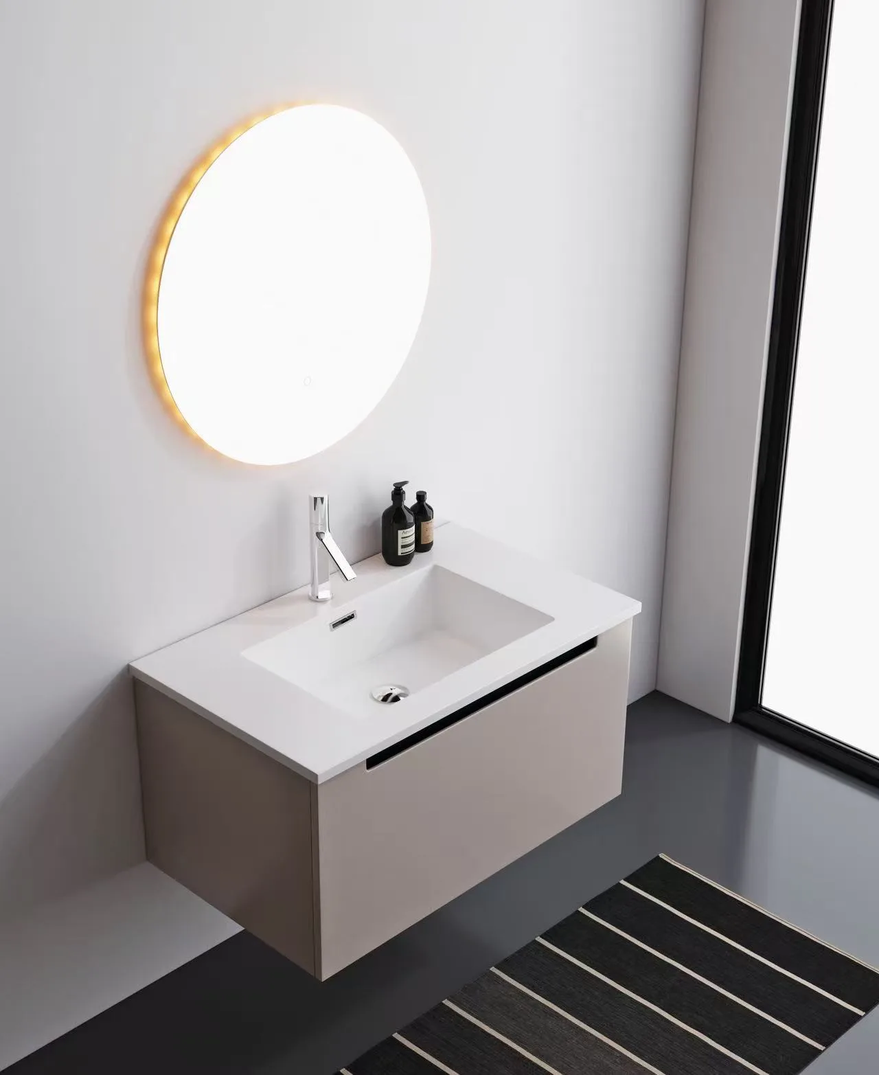 Rectangular Solid Surface Integrated Basin on black floating cabinet