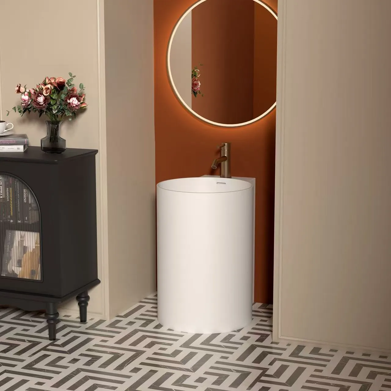 Matte white wall hung solid surface sink providing ADA-compliant floor clearance in a high-end commercial hospitality environment.