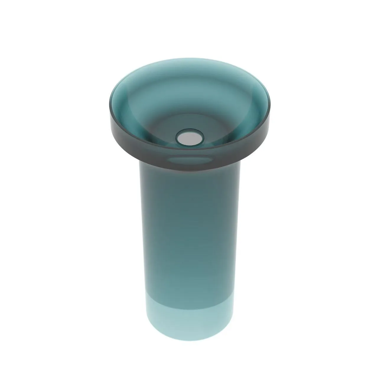 Freestanding amber translucent resin pedestal sink interacting dynamically with natural light in a luxury boutique hotel.