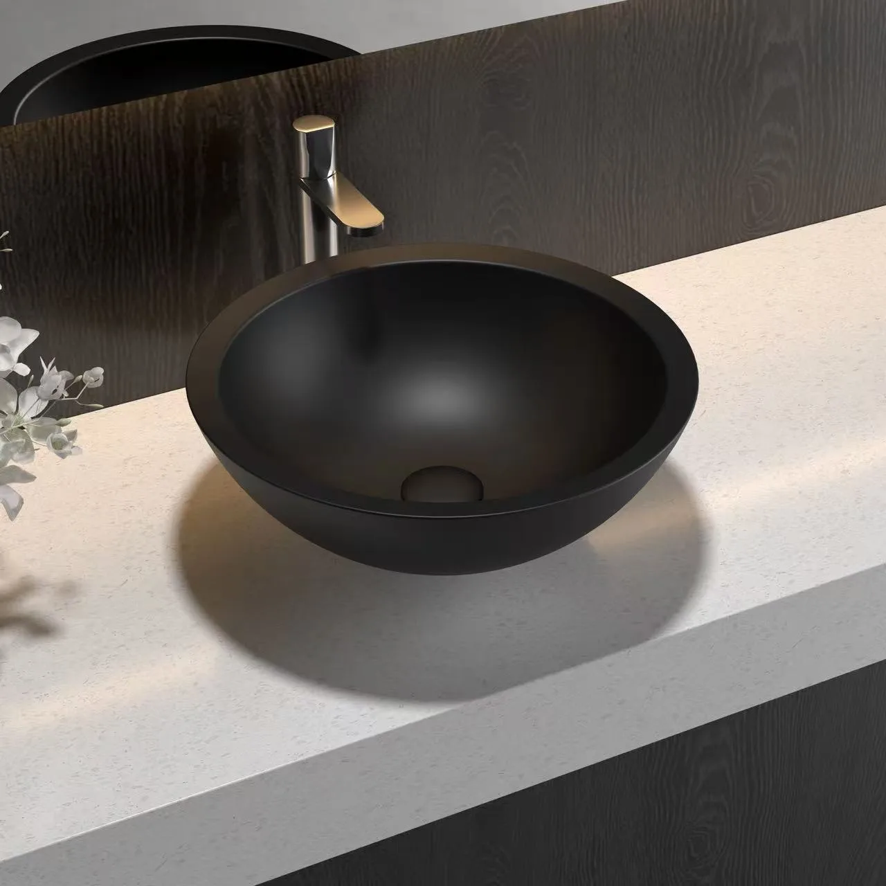 Matte black Round Solid Surface Vessel Sink designed to resist fading and deep cosmetic staining in high-traffic environments.