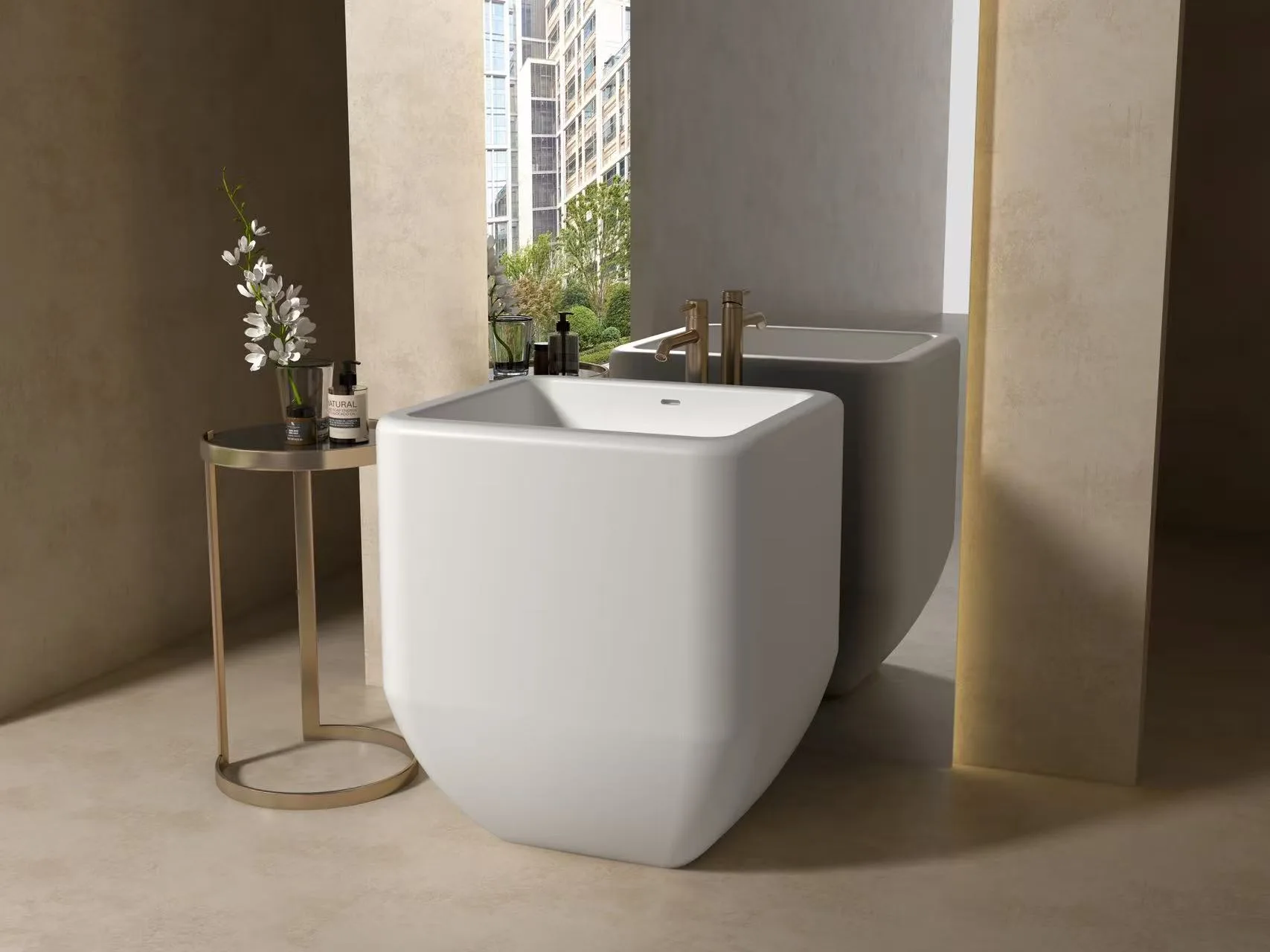 Space-saving square freestanding solid surface sink providing a clean, sculptural aesthetic without the need for a bulky vanity cabinet.