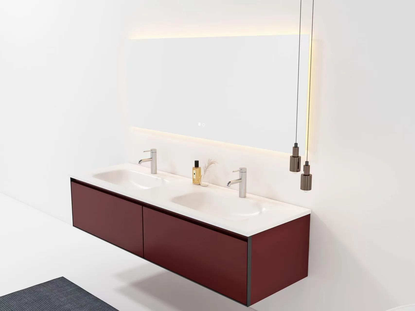 Commercial-grade white integrated double washbasin resting on a custom burgundy vanity unit under a large LED mirror.