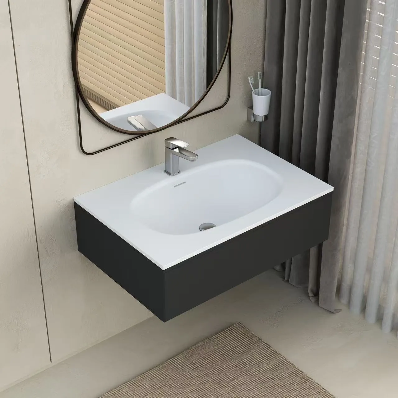 ommercial-grade white gel-coat single vanity top resting on a dark grey bathroom cabinet in a hotel suite.