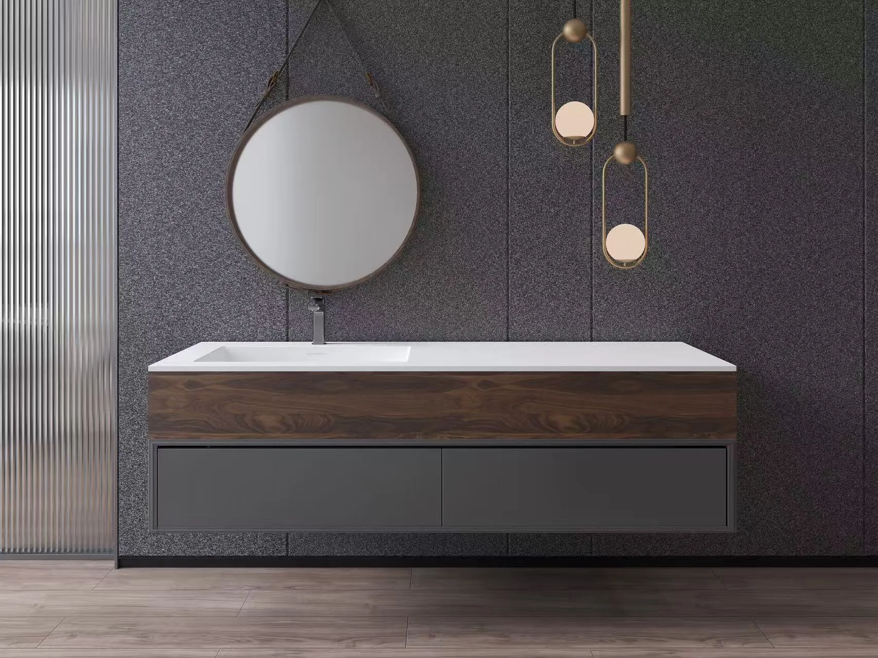 Offset solid surface vanity sink in a boutique hotel suite, maximizing functional counter space for guests.