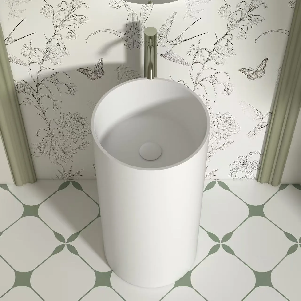 Top-down perspective of a homogenous solid surface pedestal sink showing the integrated basin depth and smooth drain cover.