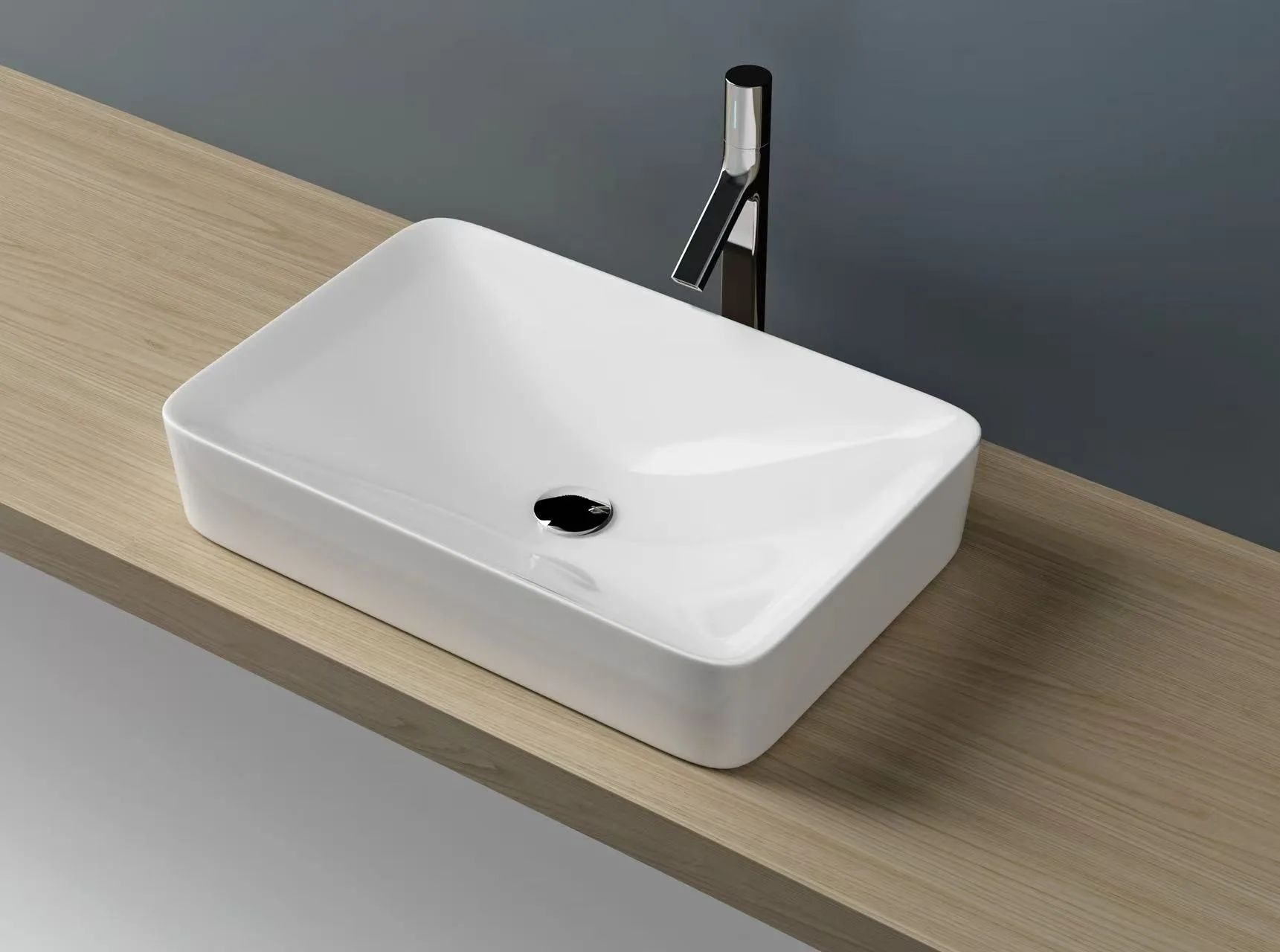 Architectural 1-piece rectangular solid surface sink featuring radiused inner corners for easy commercial maintenance.