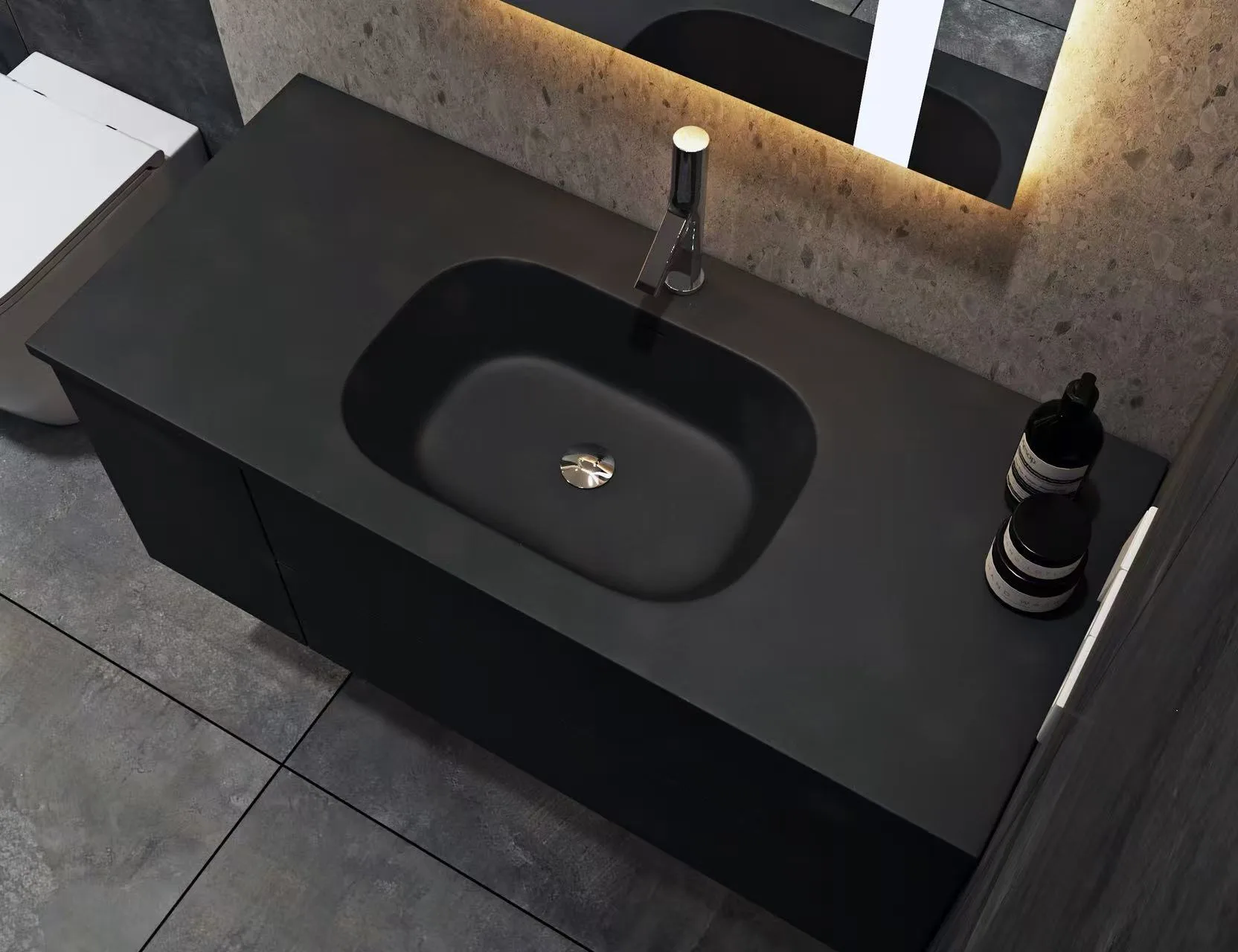Custom Matte Black Integrated Solid Surface Offset Basin for luxury hotel
