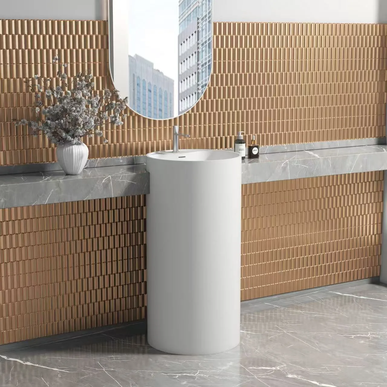 Isometric view of a commercial-grade modern pedestal sink demonstrating its space-saving integrated faucet deck.