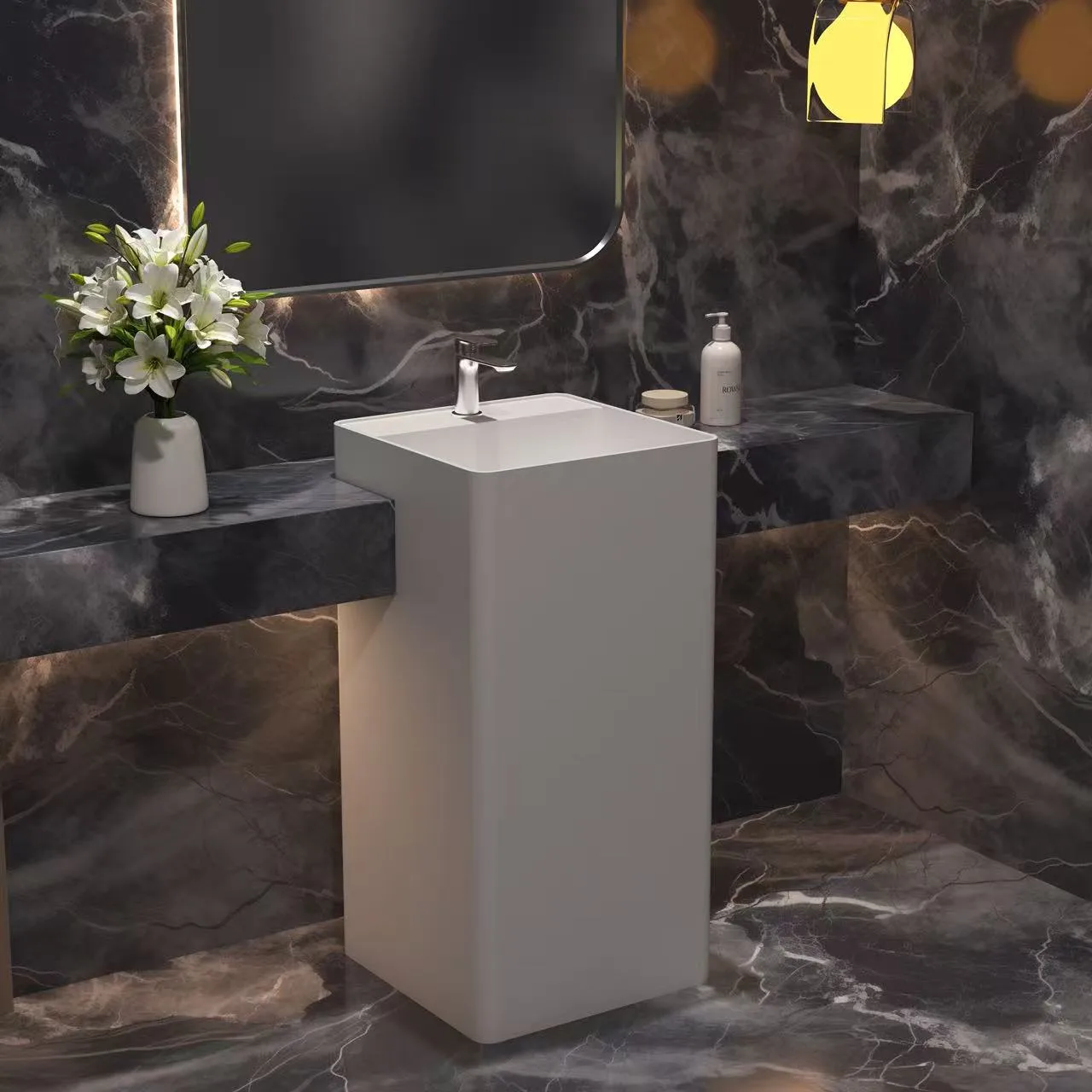 Freestanding contemporary pedestal sink demonstrating HONDAO's OEM customization capabilities for premium commercial restrooms.