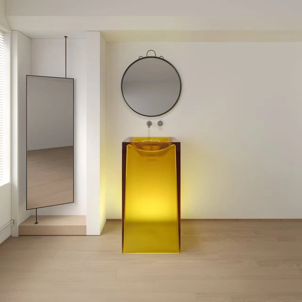 Emerald green square resin pedestal sink showcasing OEM customization and Pantone color matching for luxury hospitality.