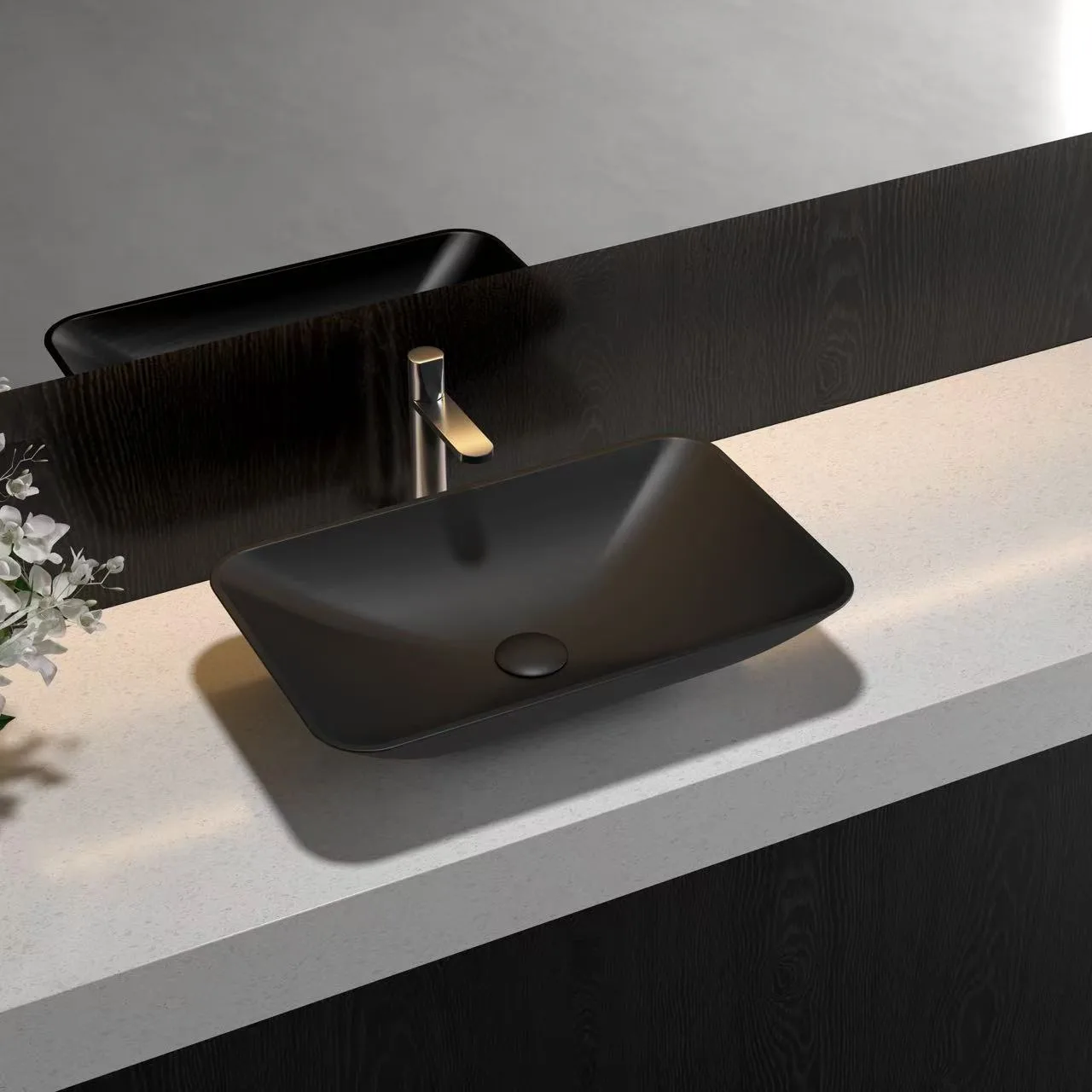 Homogeneous Solid Surface Bathtub positioned near a large window overlooking a natural desert landscape in a luxury resort.