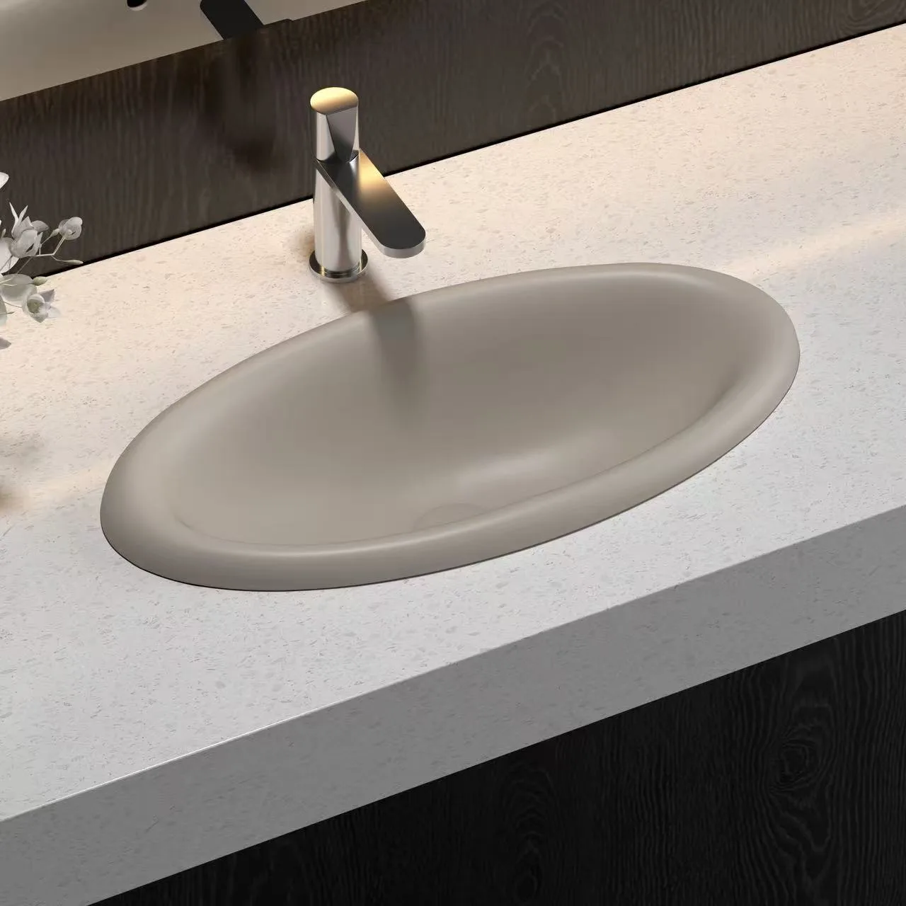 Beige colored Rectangular Undermount Solid Surface Sink showcasing a seamless homogenous structure and non-porous surface.