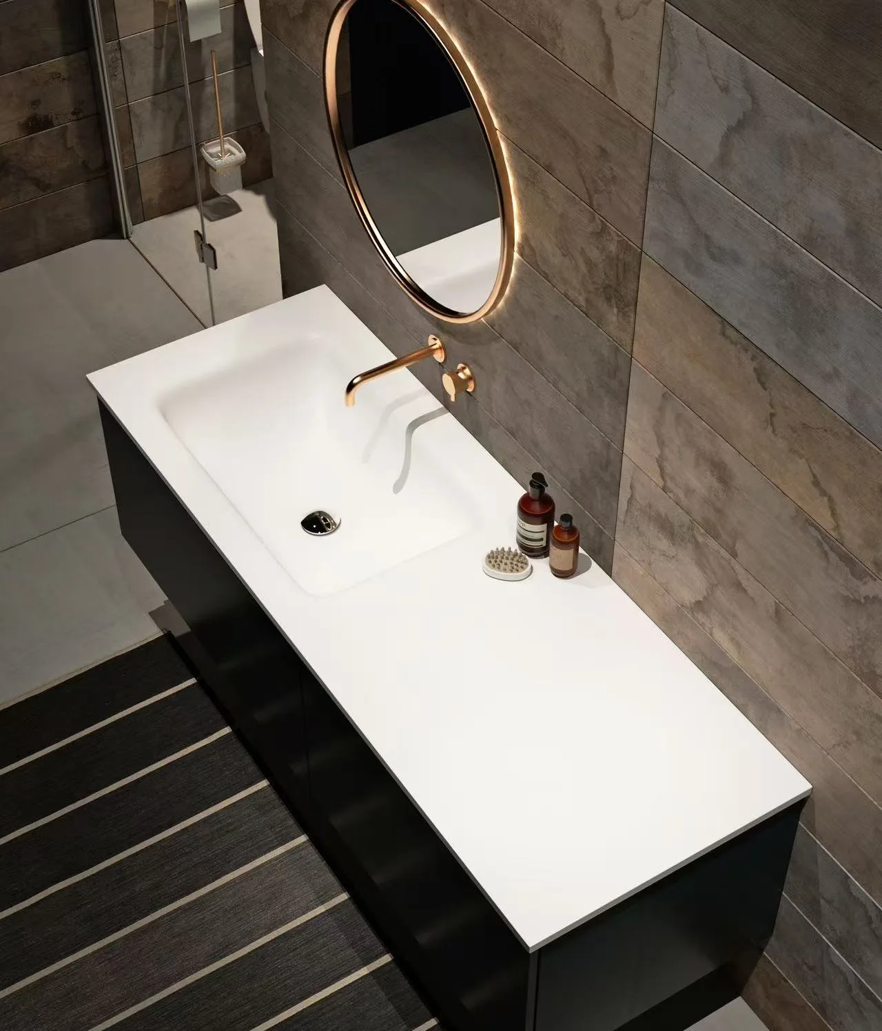 Premium Custom Solid Surface Offset Basin Vanity Top in luxury hotel bathroom