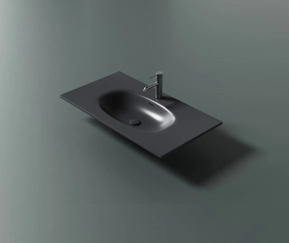Isometric product view of a matte dark grey cultured marble single vanity top highlighting the smooth basin curve.