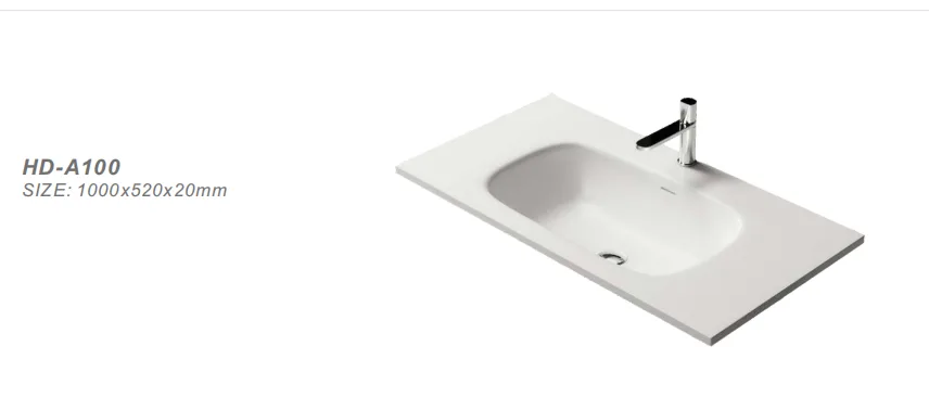 Front angle specification rendering of the HD-A100 solid surface washbasin highlighting the cUPC certified basin depth.