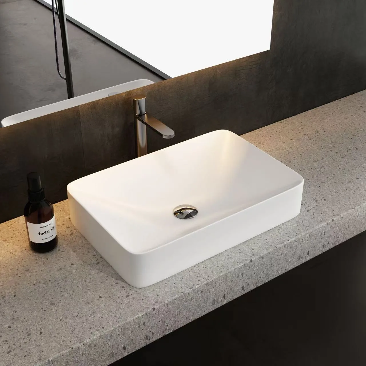 Specification rendering of the HD-TS112 rectangular solid surface sink detailing its 600x400x127mm commercial dimensions.