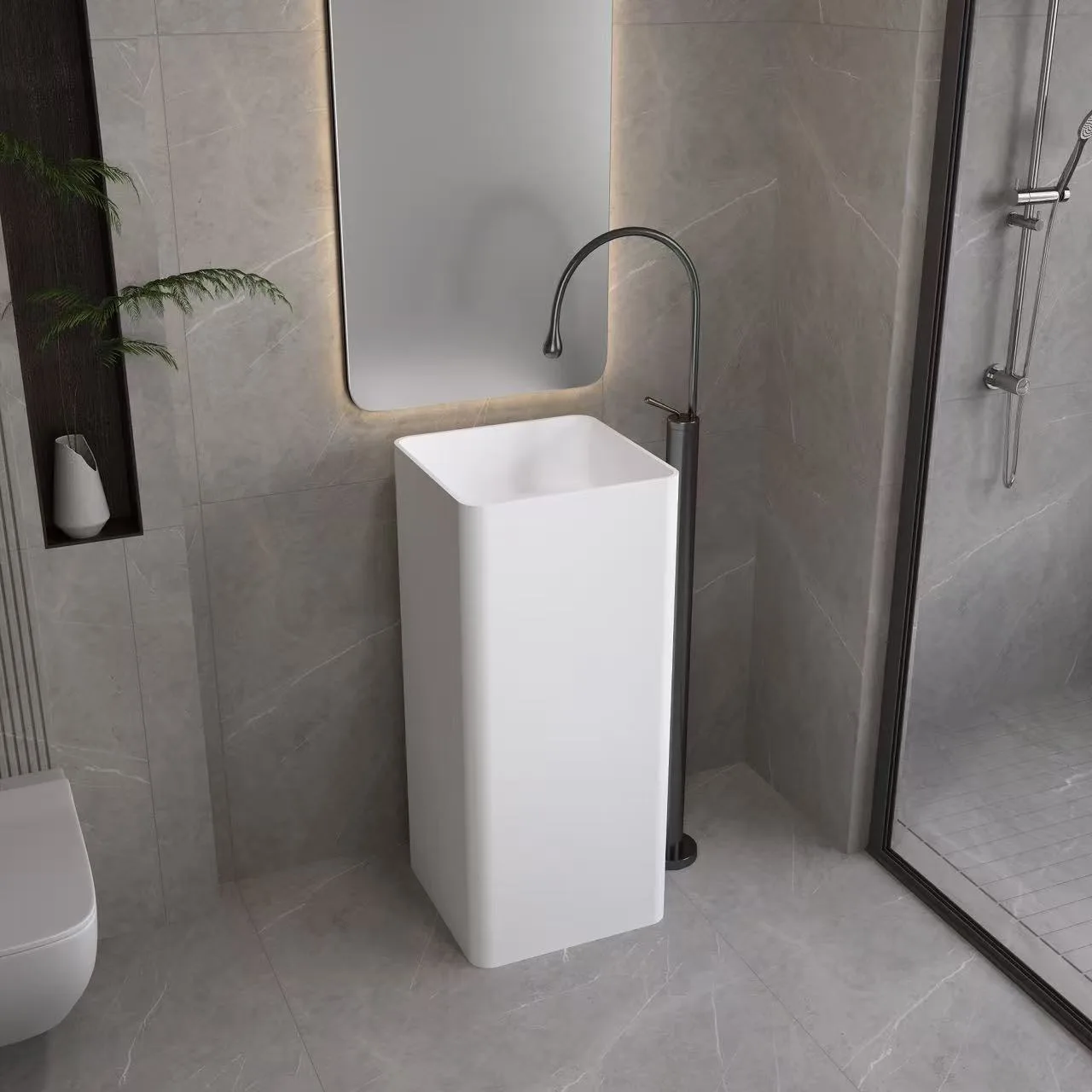 Freestanding square pedestal sink complementing a modern shower enclosure, demonstrating HONDAO's OEM customization capabilities.