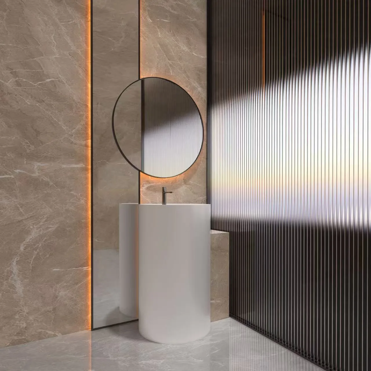 Architectural 1-piece modern pedestal sink acting as a standalone geometric fixture against a textured bronze wall.