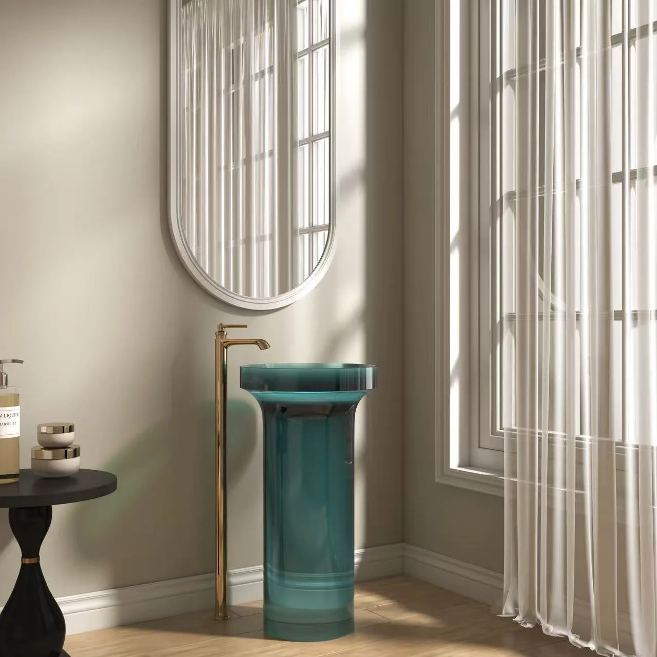 Architectural 1-piece translucent resin pedestal sink in deep amber, installed with gold floor-mounted plumbing.