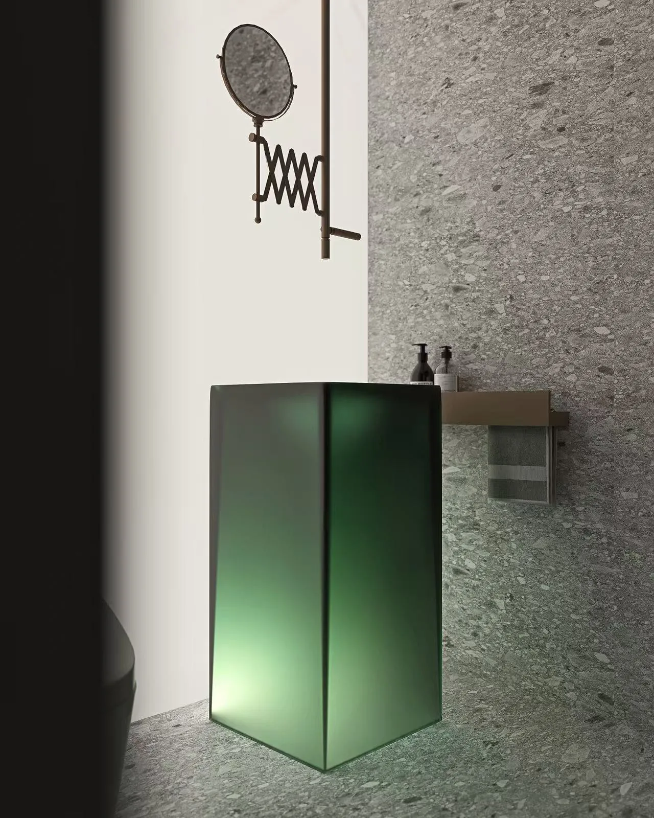 Multiple sapphire blue square resin pedestal sinks installed in a high-end commercial washroom with dramatic architectural lighting.