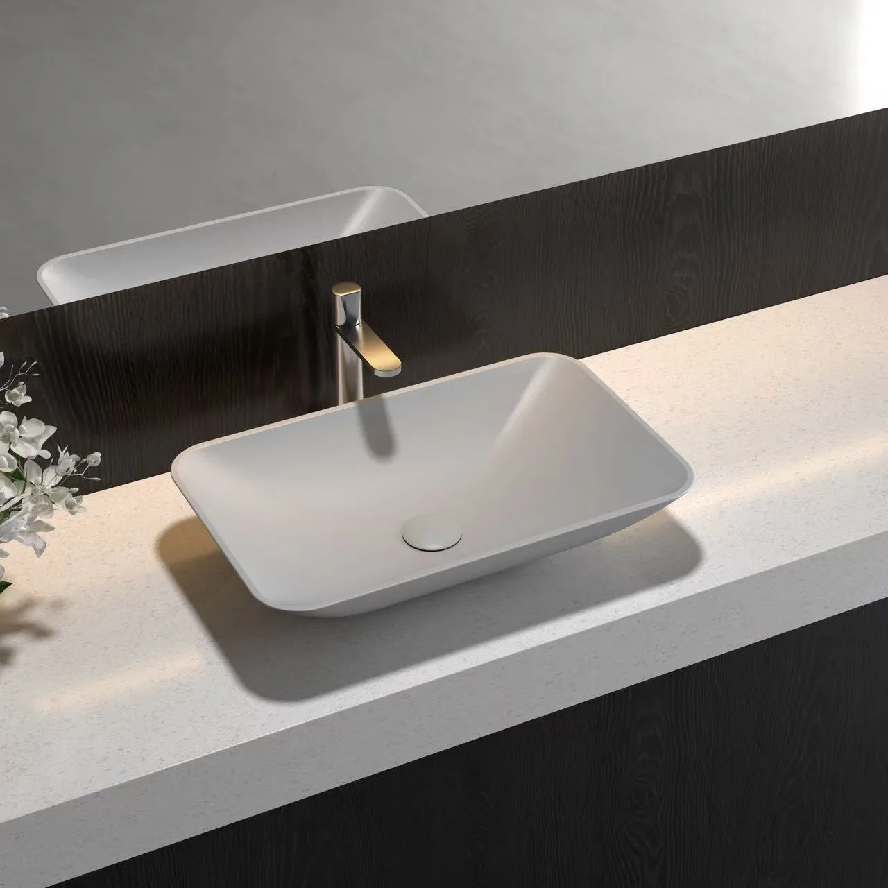 Close-up view showing the matte white finish and ergonomic soft rounded edges of a Solid Surface Bathtub.