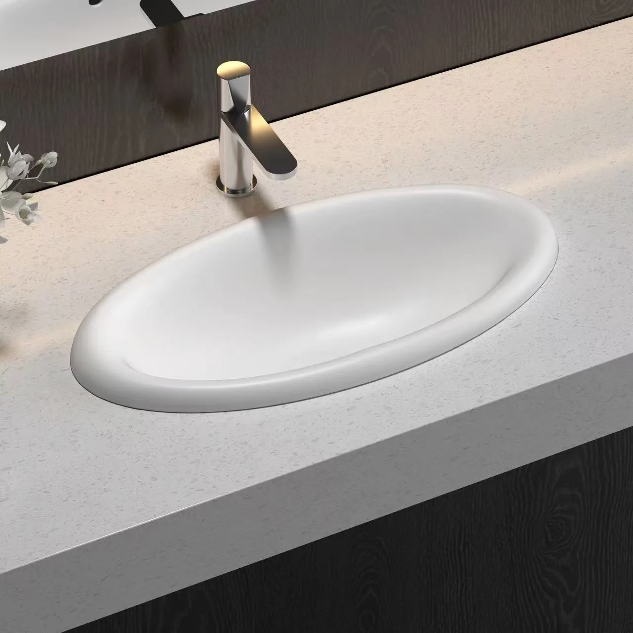 Concrete grey Rectangular Undermount Solid Surface Sink engineered for impact resistance and high-traffic hospitality restrooms.