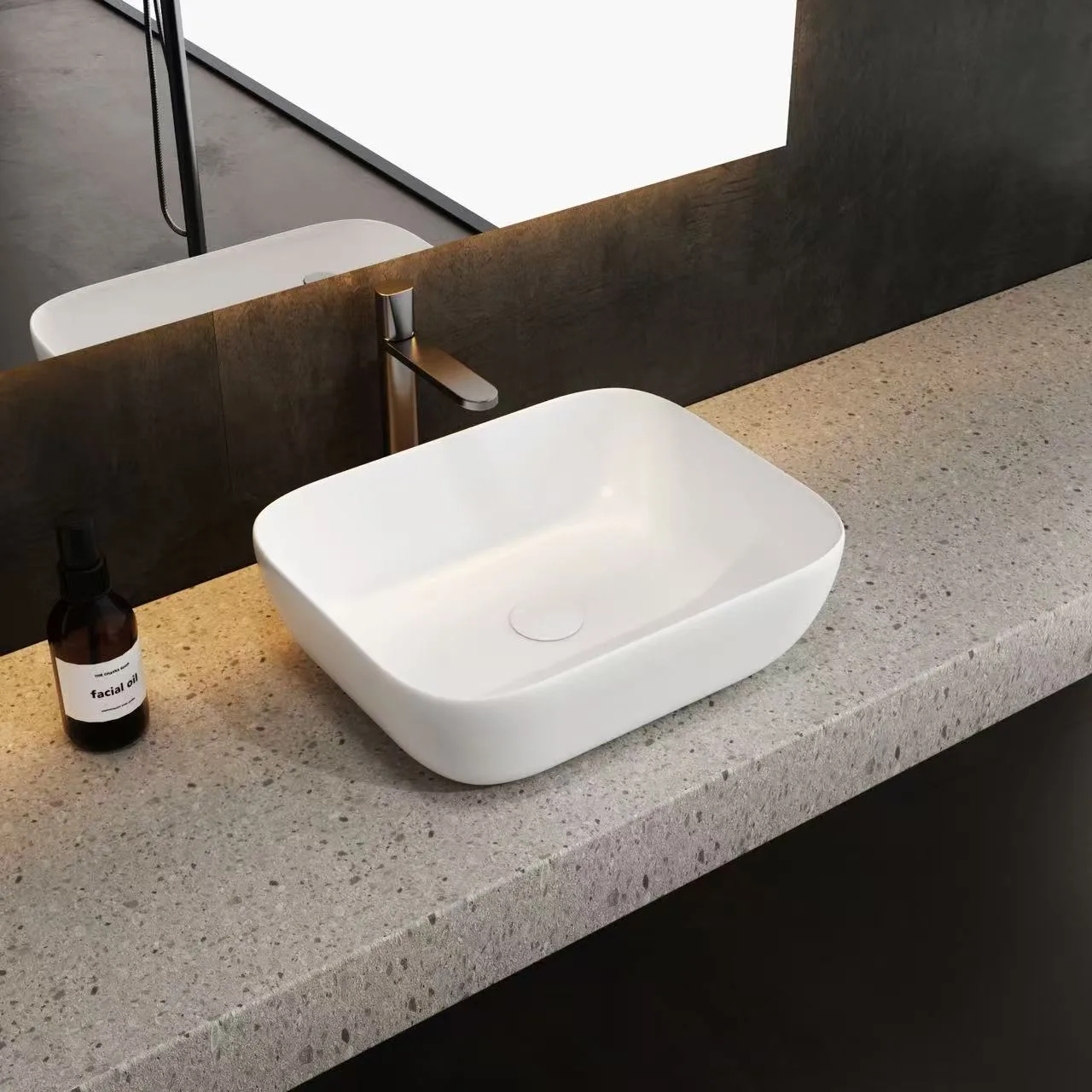 Commercial-grade white Rectangular Vessel Solid Surface Sink acting as an architectural statement piece in a luxury boutique hotel.