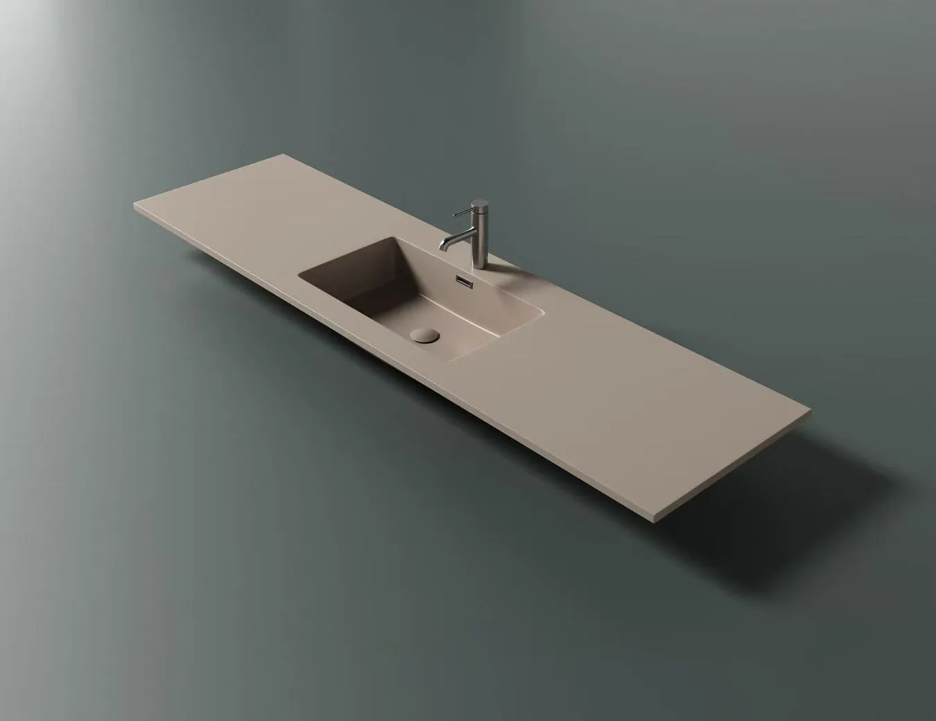 Beige Solid Surface Integrated Offset Basin on custom floating vanity cabinet