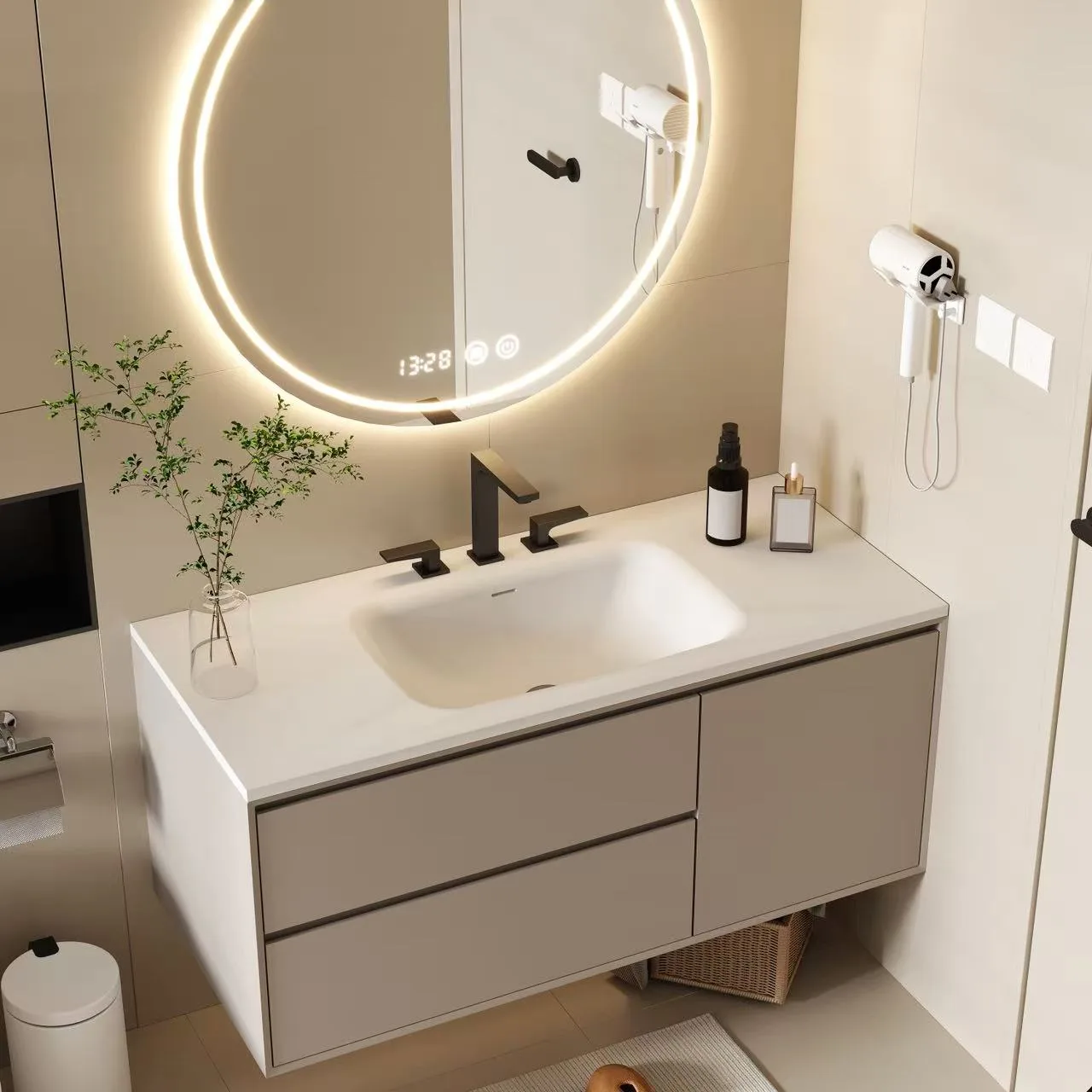 Modern Beige Integrated Solid Surface Sink with Radius Corners for boutique hotel