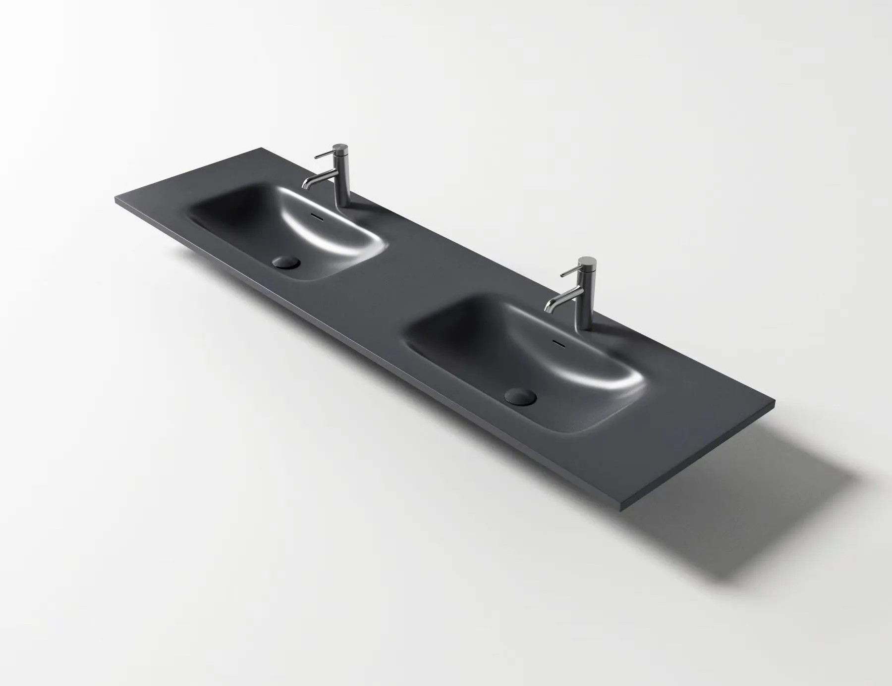 Matte dark grey cultured marble double vanity top mounted on a black floating vanity cabinet in a modern hotel bathroom.