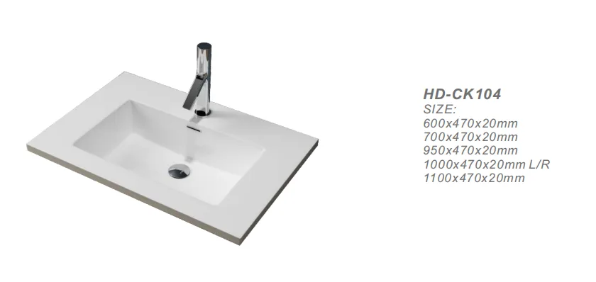 Specification view of the HD-CK104 solid surface vanity sink collection showing available sizes from 600mm to 1100mm.