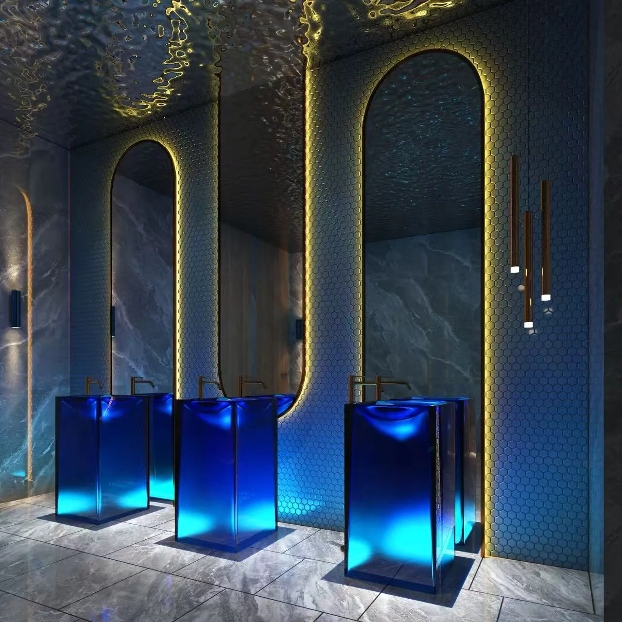 Top-down perspective of homogenous blue square resin pedestal sinks showcasing deep color saturation and integrated basin depth.